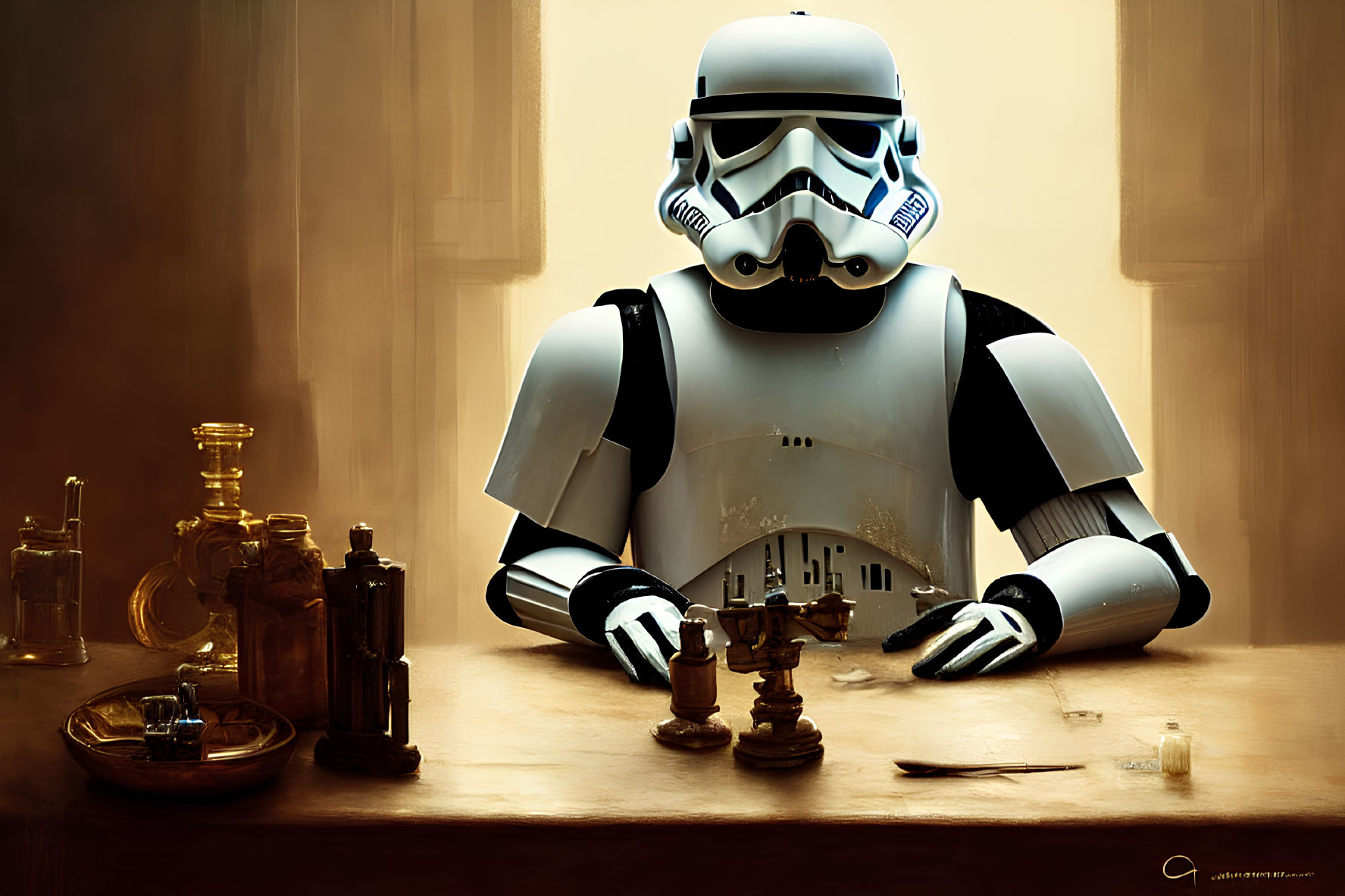 Stormtrooper in costume playing chess surrounded by antique glass bottles in dimly lit room