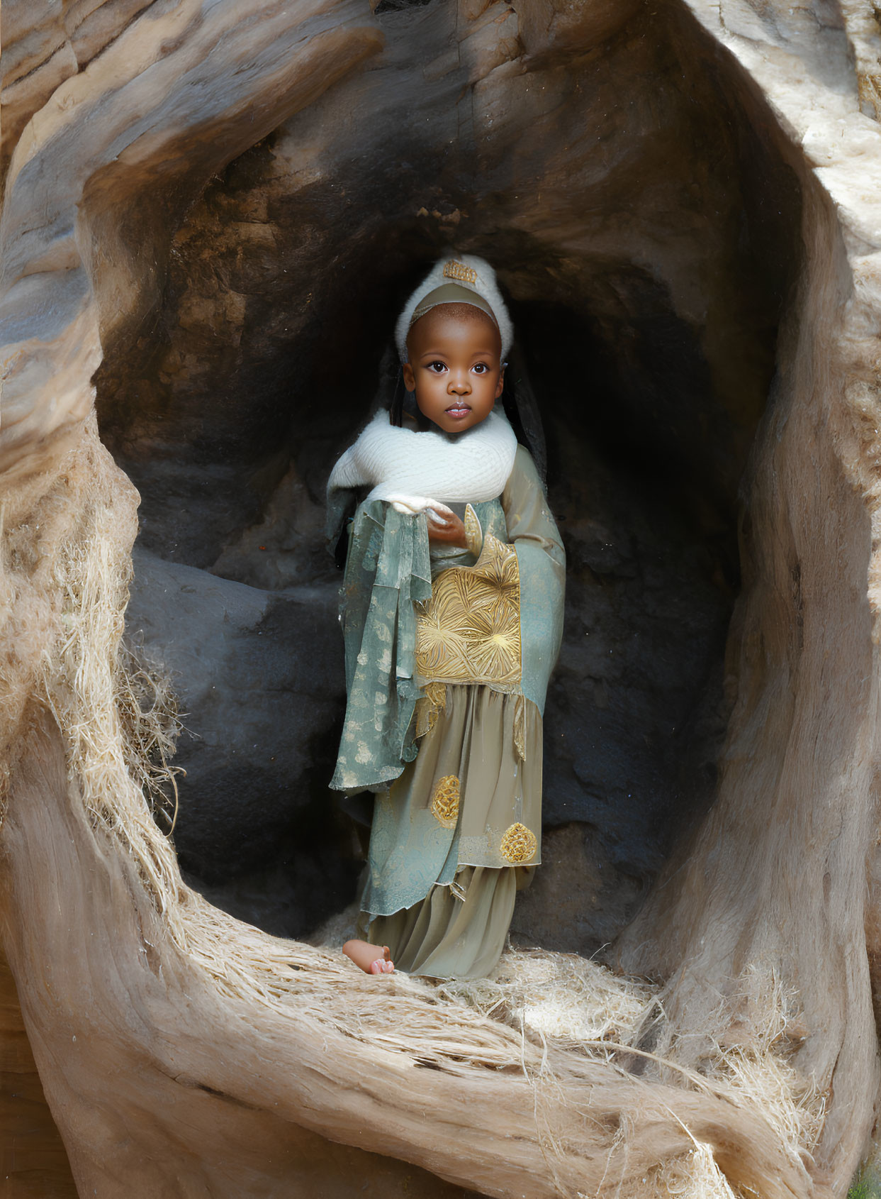 Child in traditional attire standing in tree hollow with serene expression