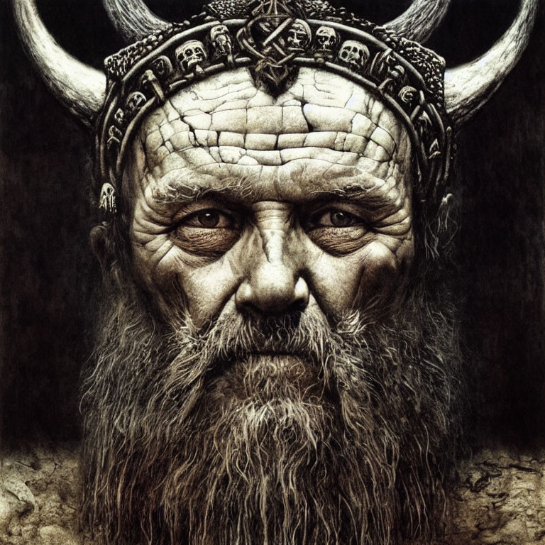 Elderly Bearded Man in Horned Helmet Illustration