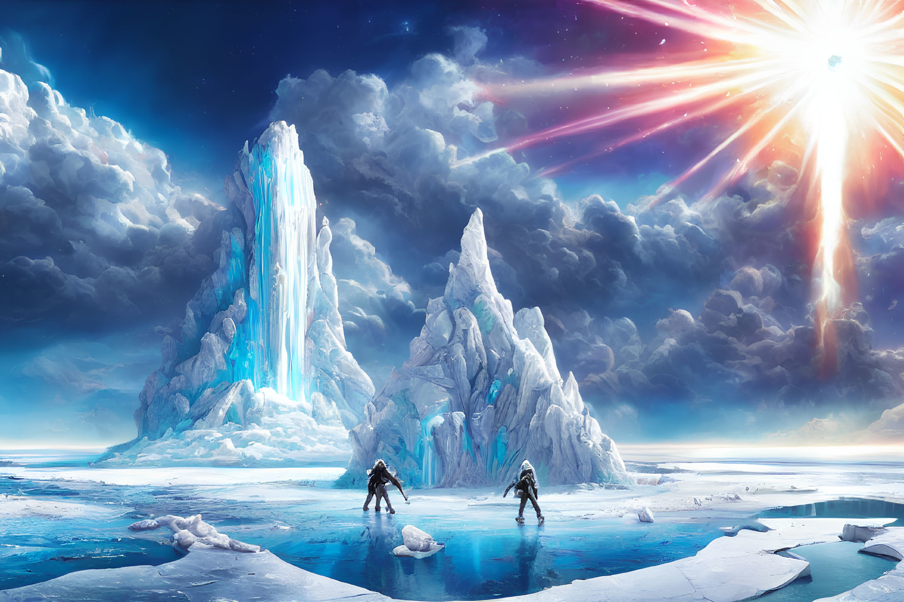 Icy Landscape with Glaciers, Figures, and Radiant Star
