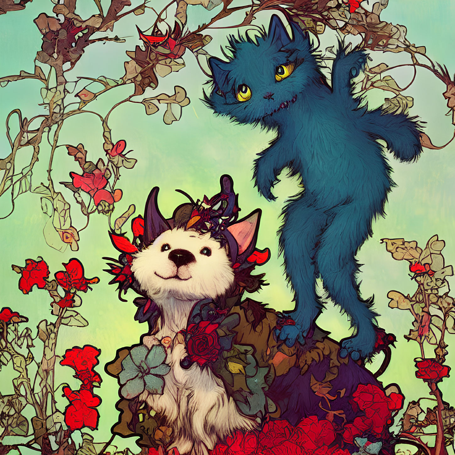 Fluffy white dog with red flowers and green leaves, blue cat in thorny vines on teal background