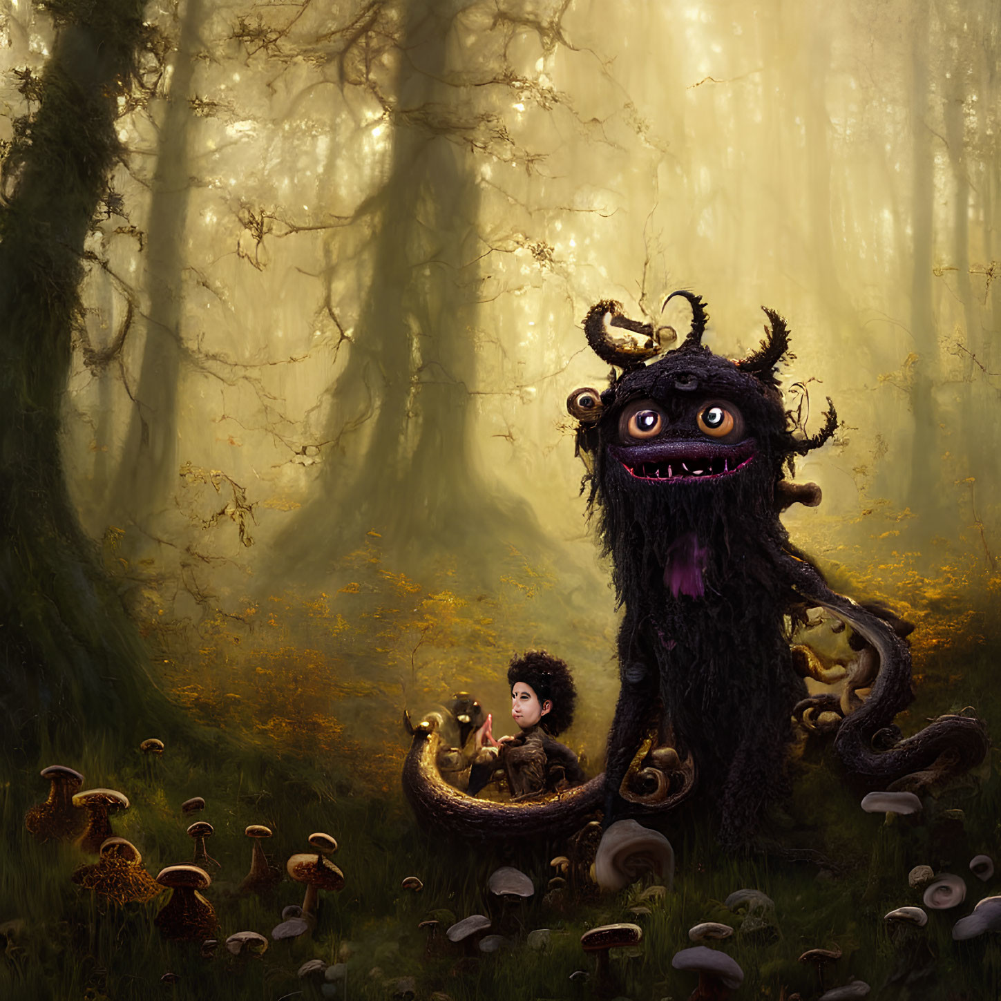 Illustration of child and furry creature in mystical forest with mushrooms and light beams.