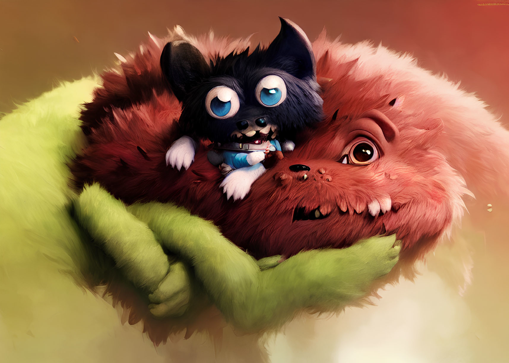 Colorful creatures hugging: blue with big eyes and sharp teeth, red and furry with a surprised