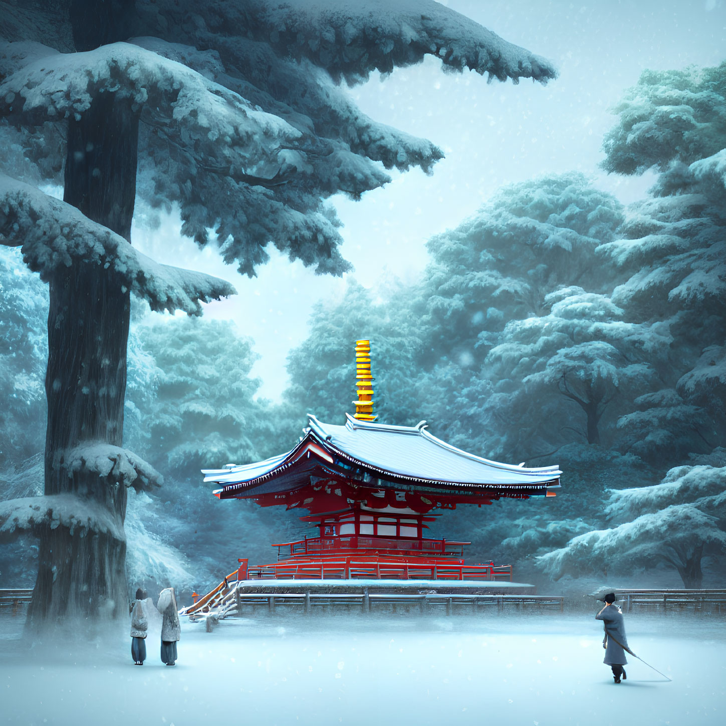 Snow-covered winter landscape with red pagoda and figures sweeping snow