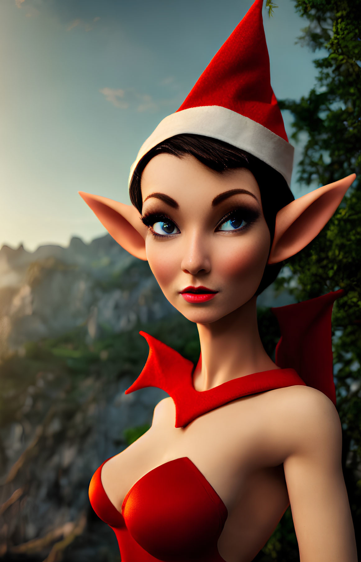 Female Elf with Large Pointed Ears and Red Hat in Mountain Setting