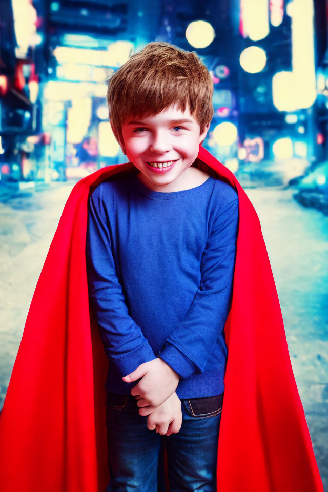 Smiling boy in red cape and blue shirt against cityscape