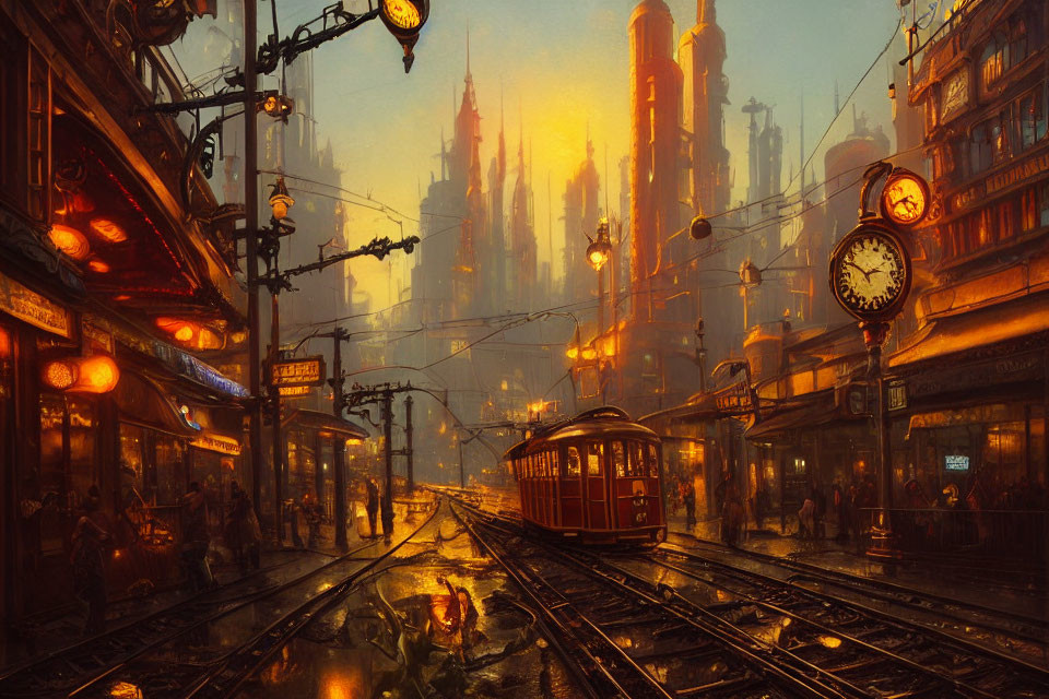 Steampunk cityscape at dusk with tram, ornate street lamps, shop signs, Victorian buildings