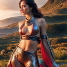 Female warrior in golden armor against mountain landscape at sunset