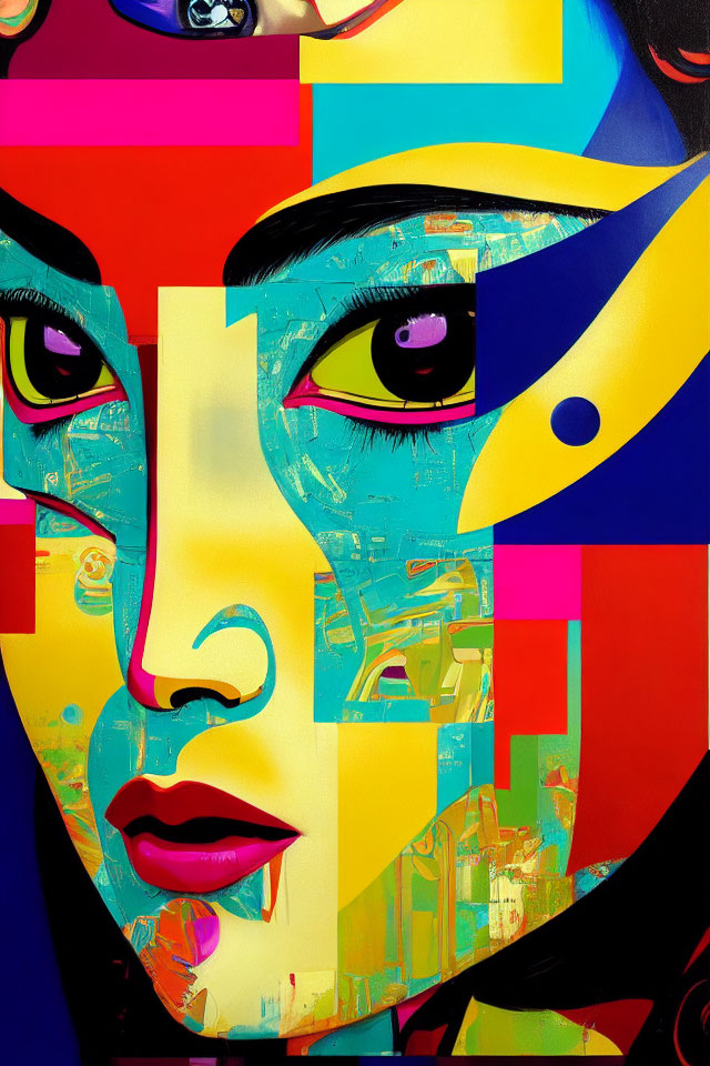 Colorful abstract portrait with geometric shapes and prominent eyes and lips