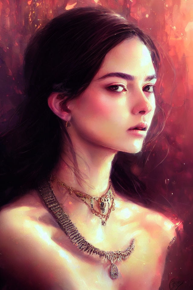 Digital portrait of woman with contemplative expression and detailed golden necklace in warm tones