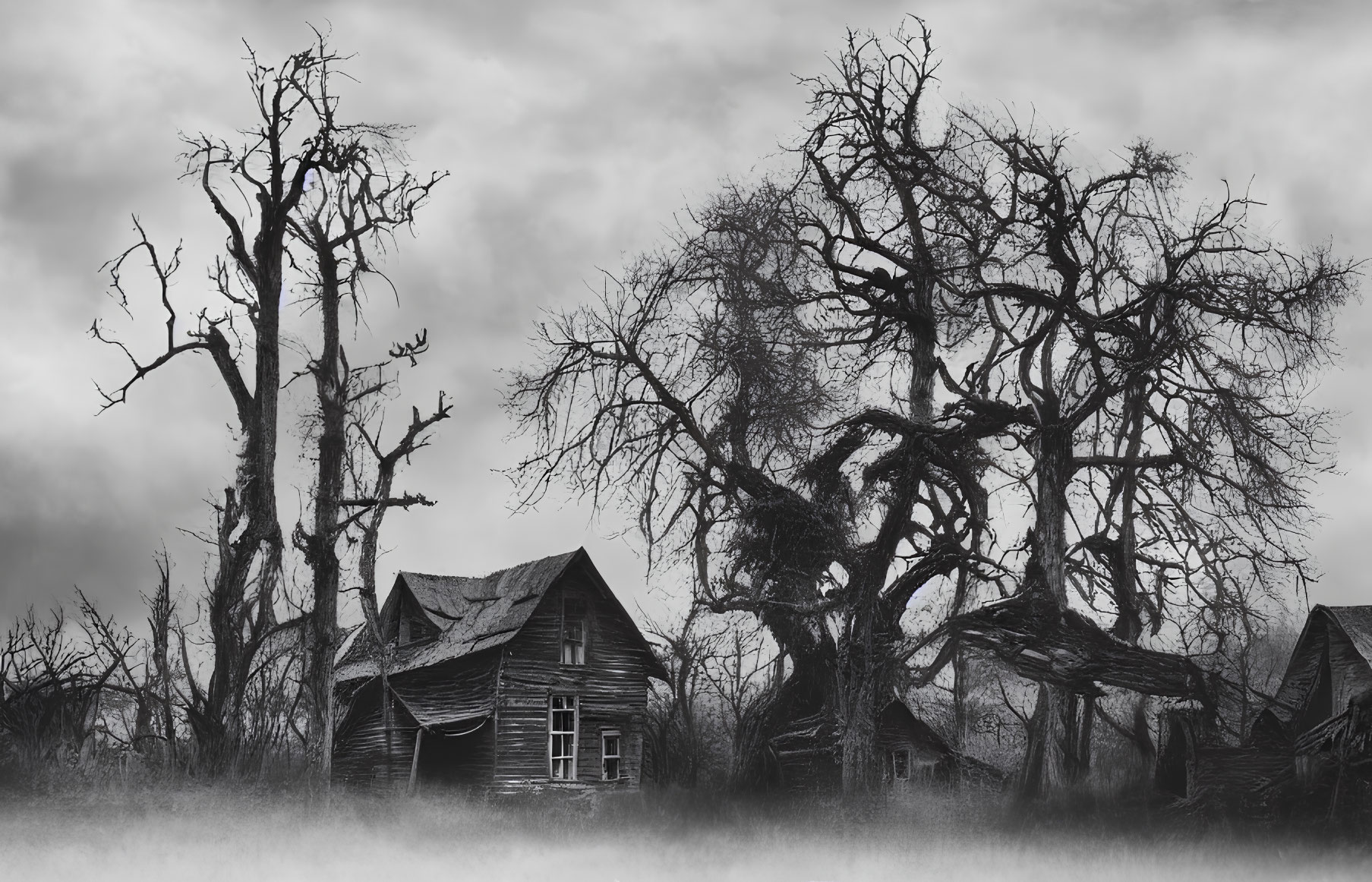 Grayscale image of eerie, dilapidated house & leafless trees in misty sky