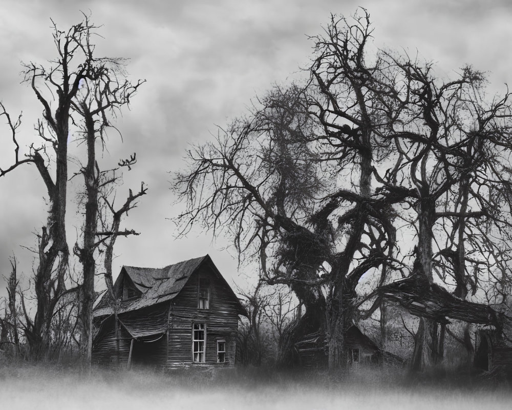 Grayscale image of eerie, dilapidated house & leafless trees in misty sky