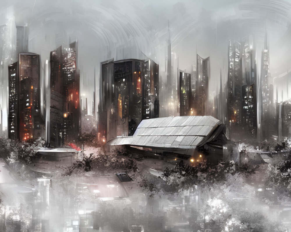 Futuristic cityscape with mist, skyscrapers, flying vehicle, and white blossoms