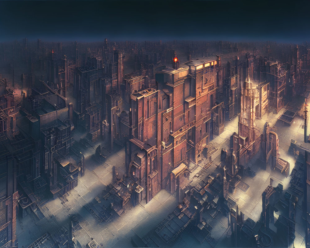 Dystopian industrial cityscape at night with blue hue and red light