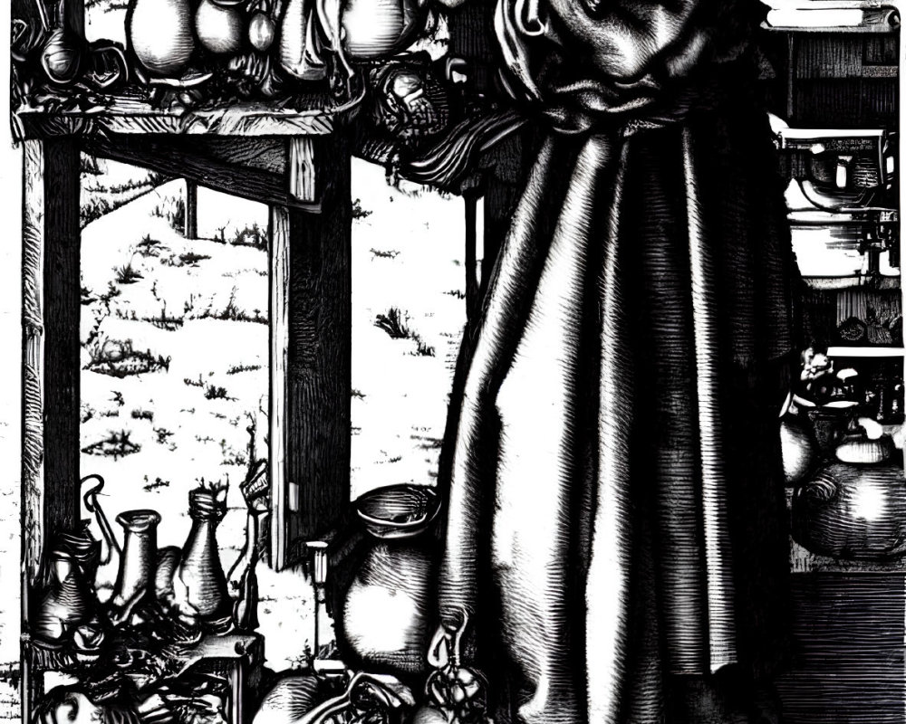 Bearded man in robes inspects jars in medieval storeroom