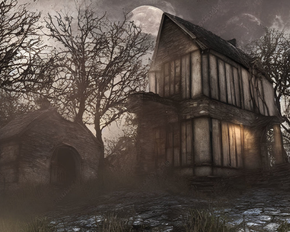 Eerie Tudor-style house under crescent moon and twilight sky