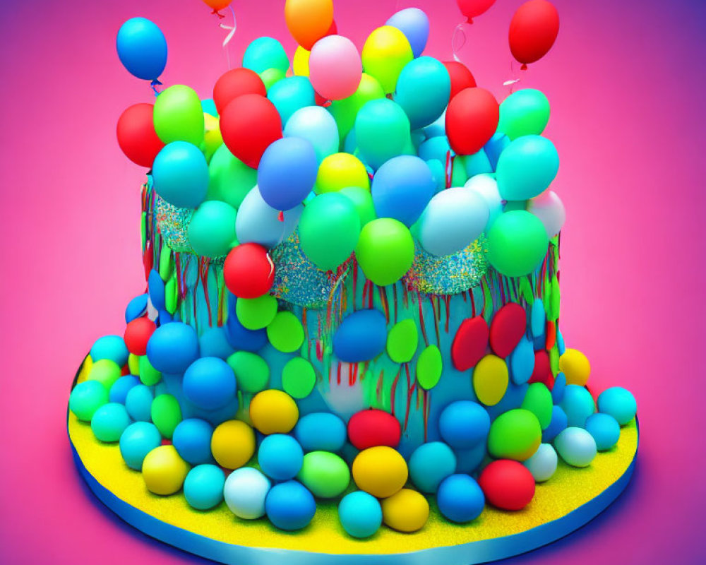 Vibrant two-tiered cake with sprinkles, candies, and balloons on pink background