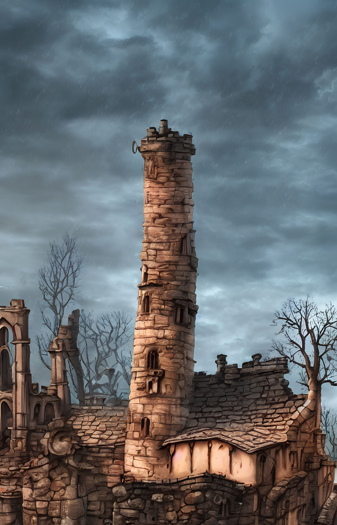 Abandoned stone tower in ruins under dark sky