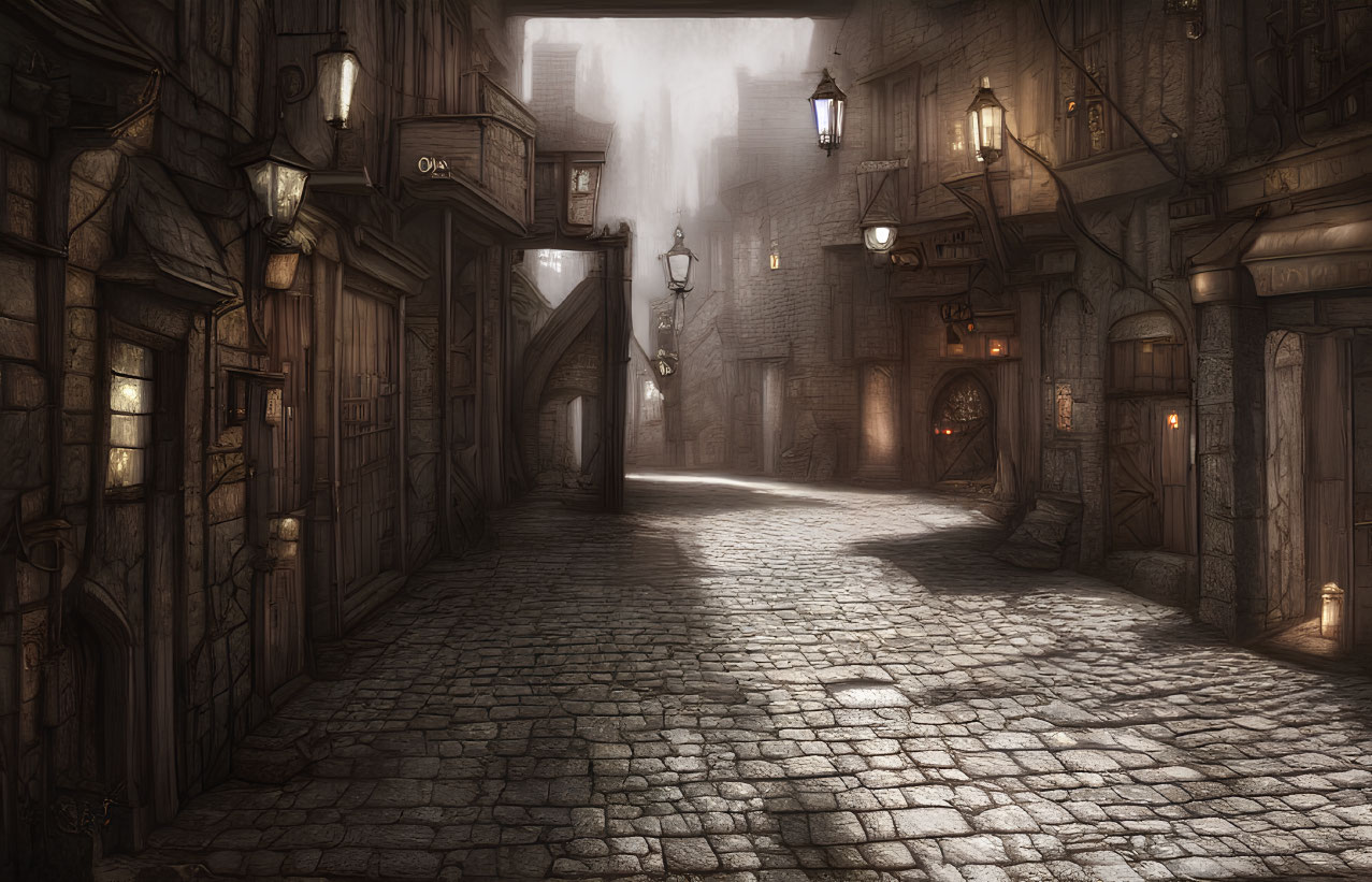 Foggy cobblestone alley with vintage lanterns and archways
