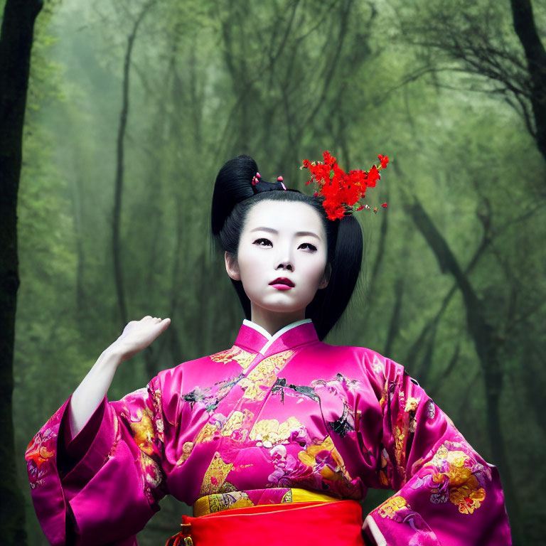 Traditional Geisha Attire with Red Flowers in Hair, Green Forest Background