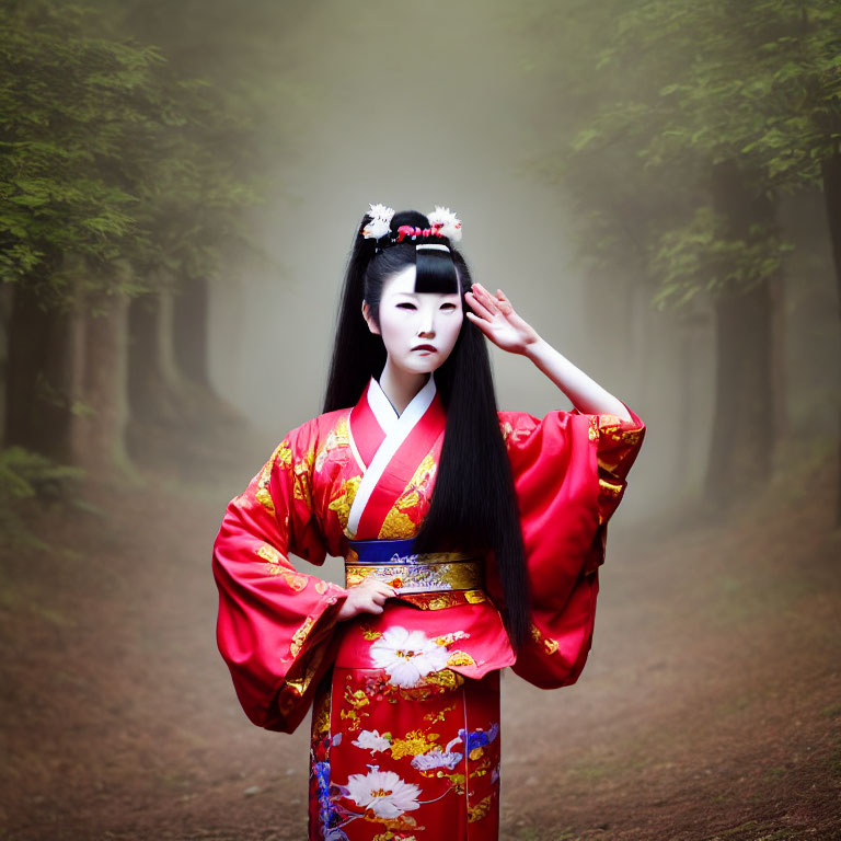 Traditional red kimono with flower patterns in misty forest saluting.
