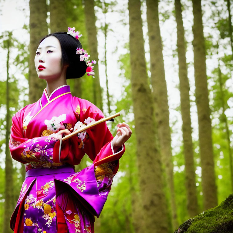 Woman in Pink and Purple Floral Kimono with Chopsticks in Green Forest