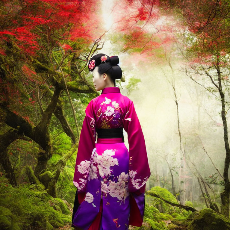 Woman in Vibrant Purple Kimono Amid Mist and Red Foliage