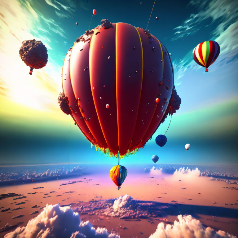 Colorful hot air balloons over surreal floating islands at sunset