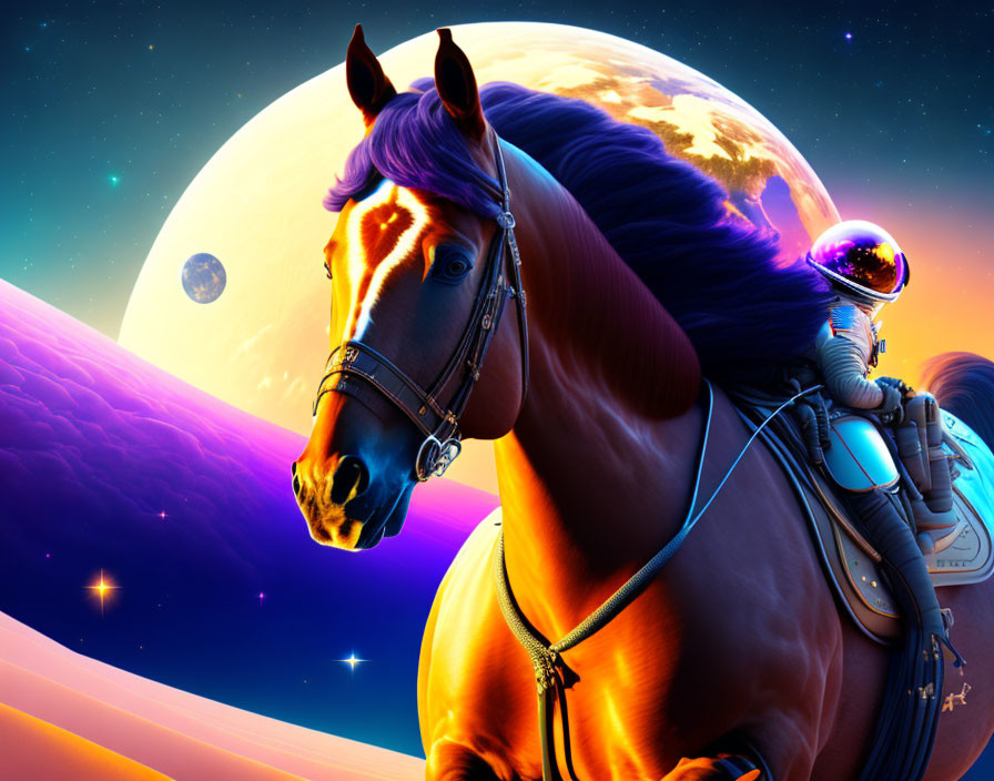 Space-themed artwork: Horse in helmet led by astronaut in cosmic scene