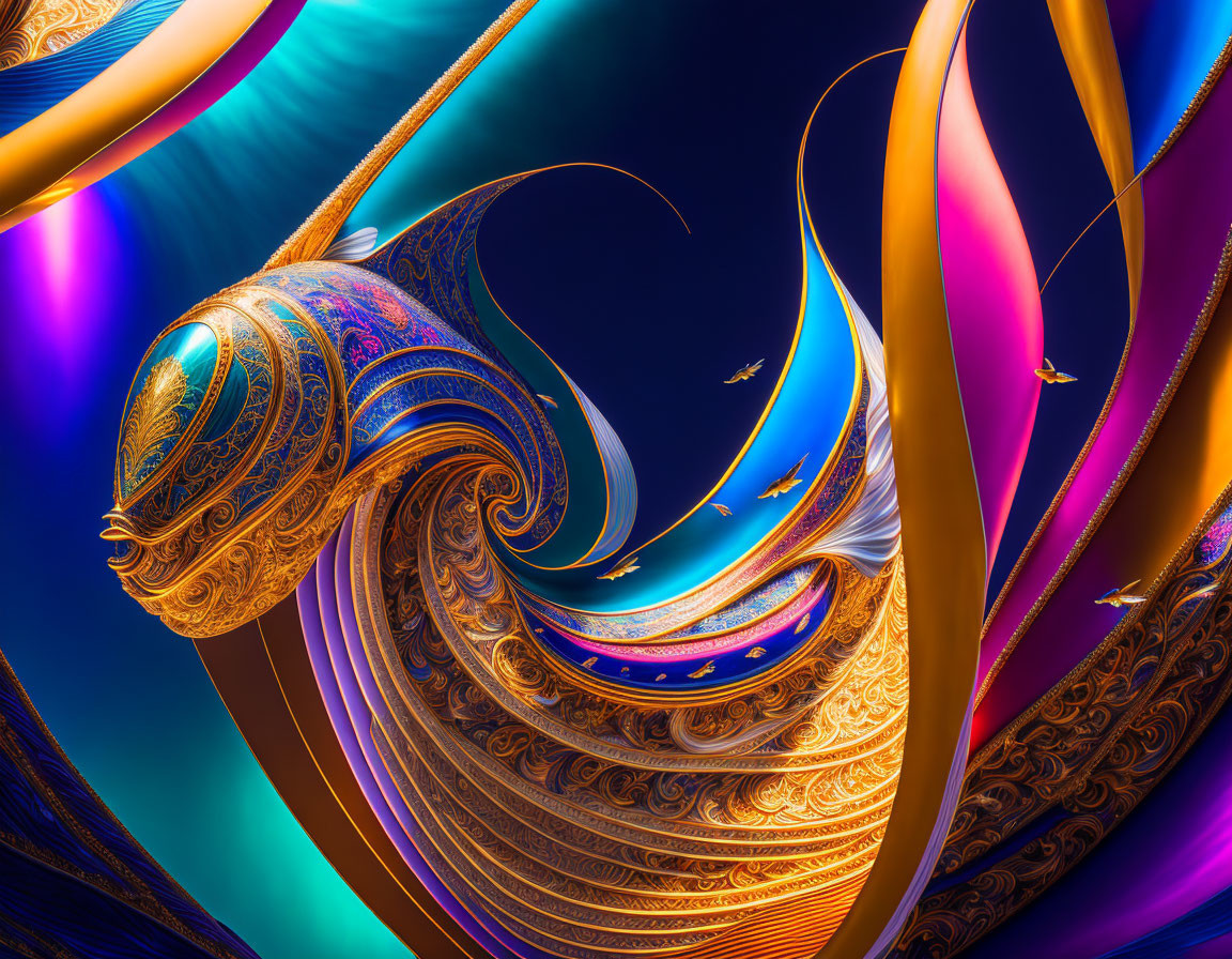 Abstract digital artwork with swirling fractal-like design in blue, gold, and orange hues