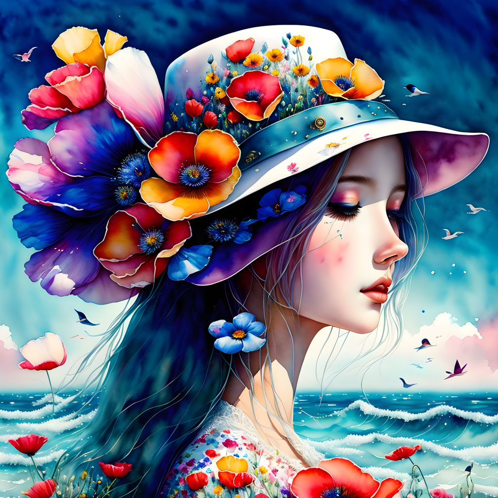 Illustrated woman with floral hat in serene sea setting
