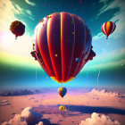 Colorful hot air balloons over surreal floating islands at sunset