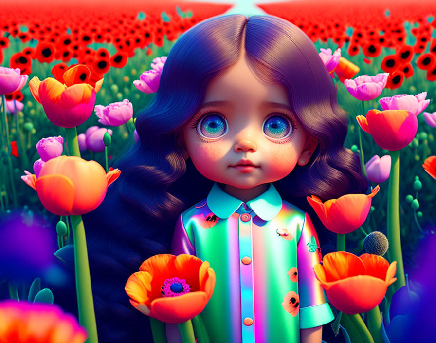 Vibrant digital art: Young girl with expressive eyes in tulip field