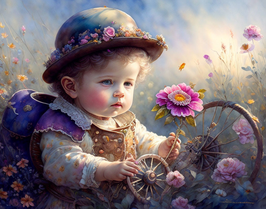 Vintage clothing child painting with flower and whimsical hat in soft focus background