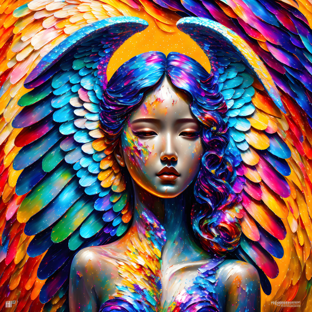 Vibrant Figure with Multicolored Wings and Paint Splashes