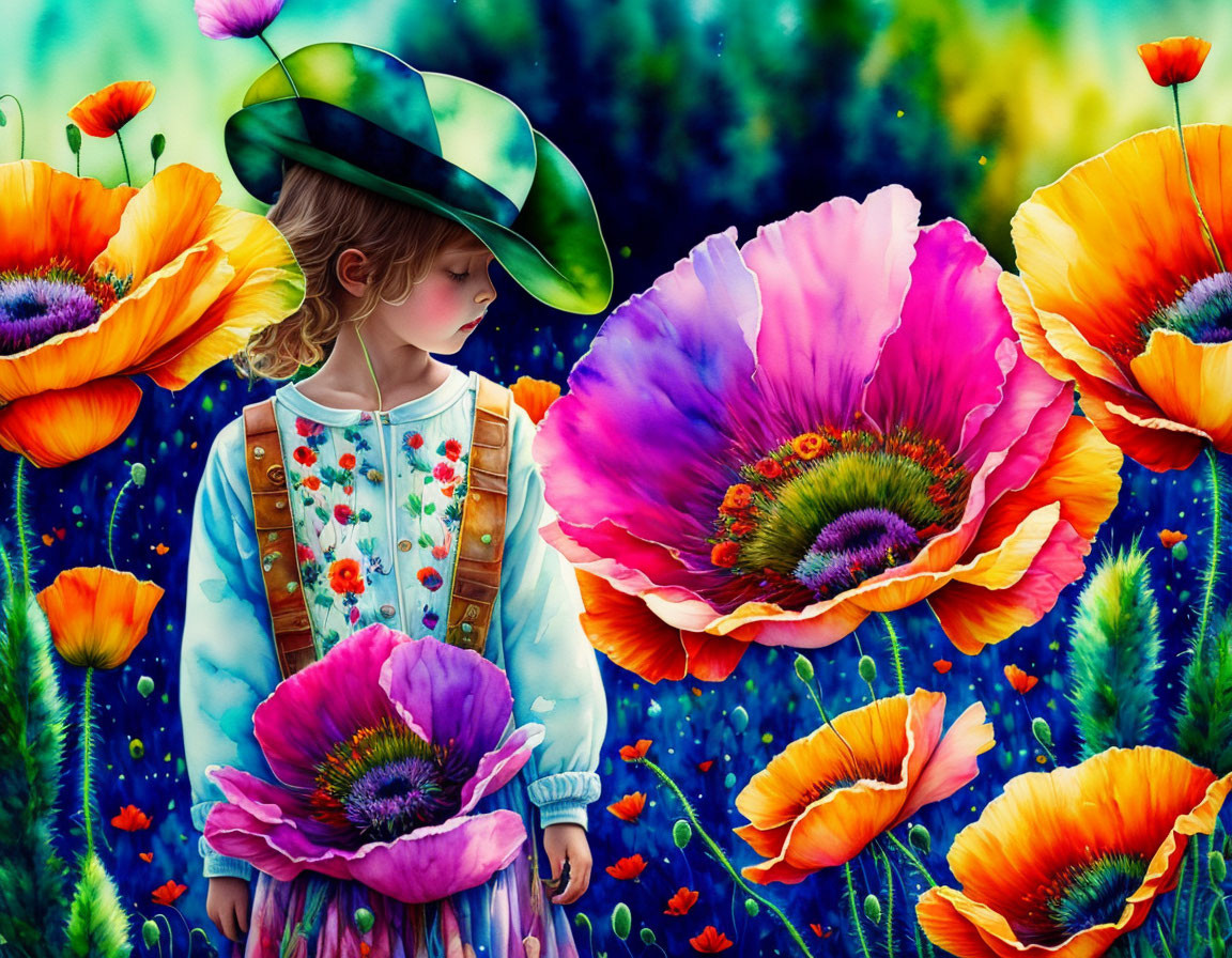 Young girl in vintage clothing surrounded by oversized, vivid poppies in vibrant garden scene