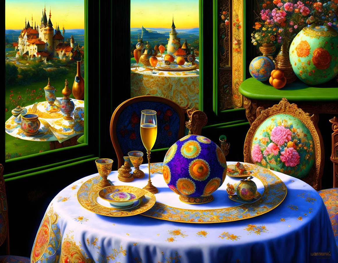 Colorful Still Life with Tableware, Floral Chair, and Ornate Window View