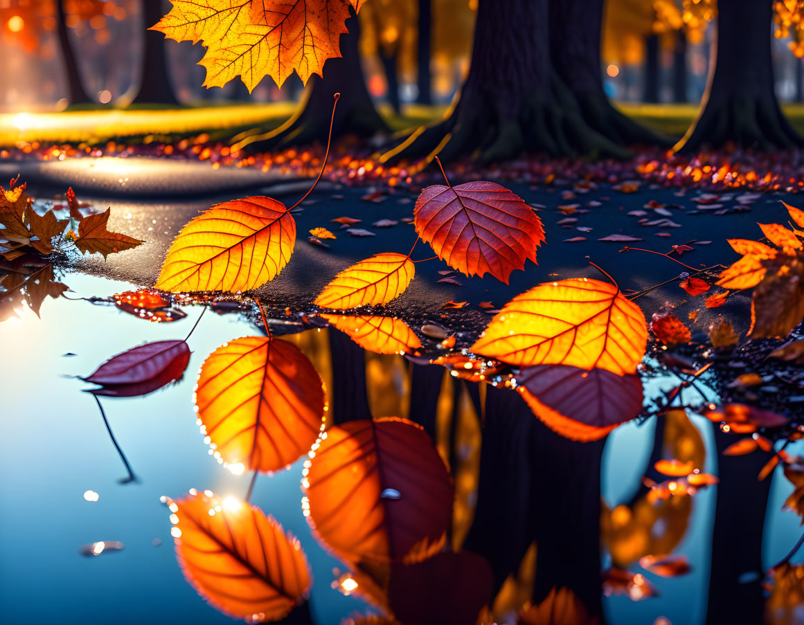 Vibrant autumn leaves reflected in water with silhouetted tree trunks