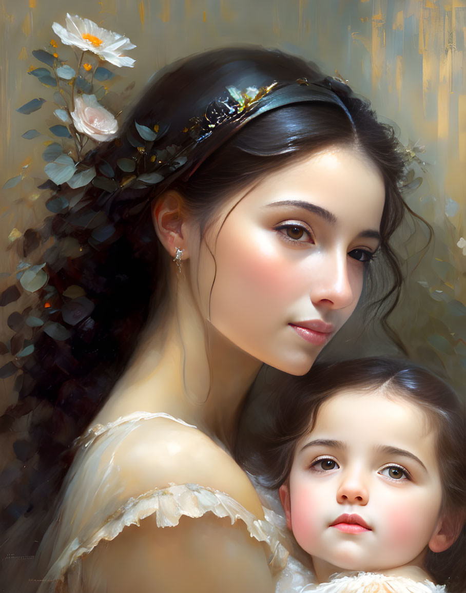 Woman and Child Portrait with Soft Lighting and Floral Motif