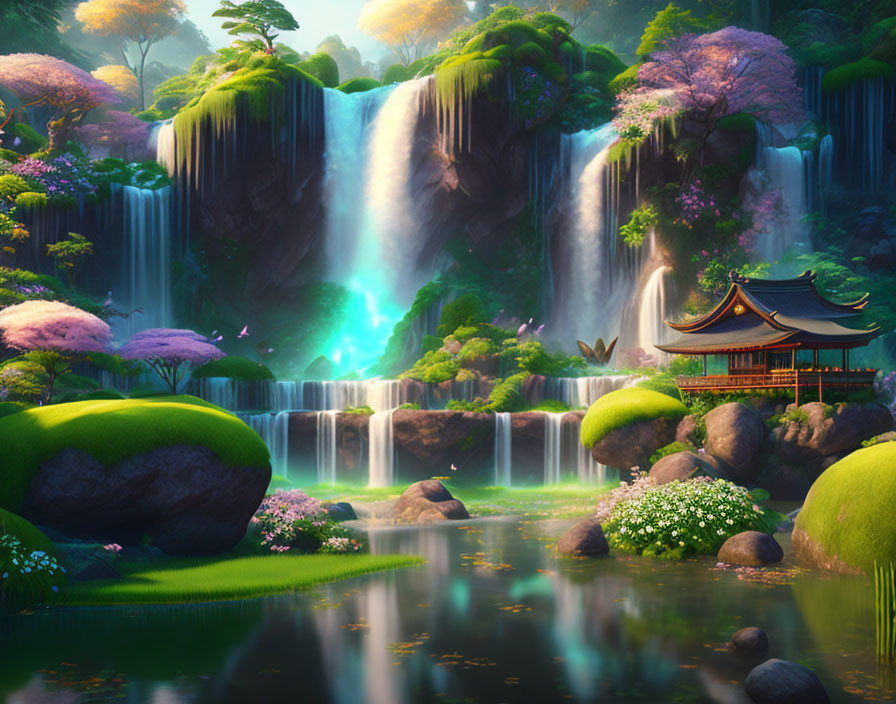 Tranquil animated landscape with waterfall, greenery, pink trees, and pavilion