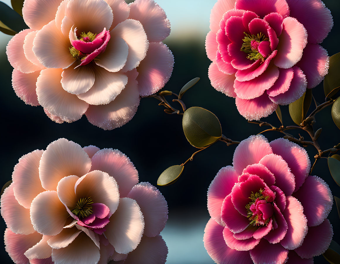Pink Flowers with White Edges and Yellow Centers on Blurred Background