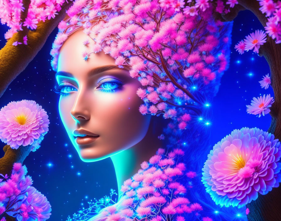 Digital artwork of female face with blue eyes and pink floral elements
