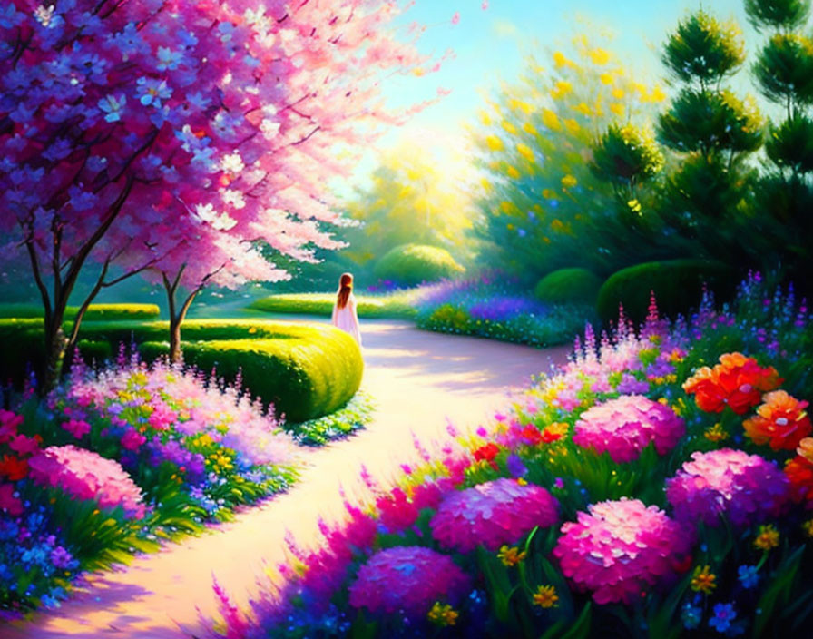 Colorful painting of person on pathway among vibrant flowers and trees.