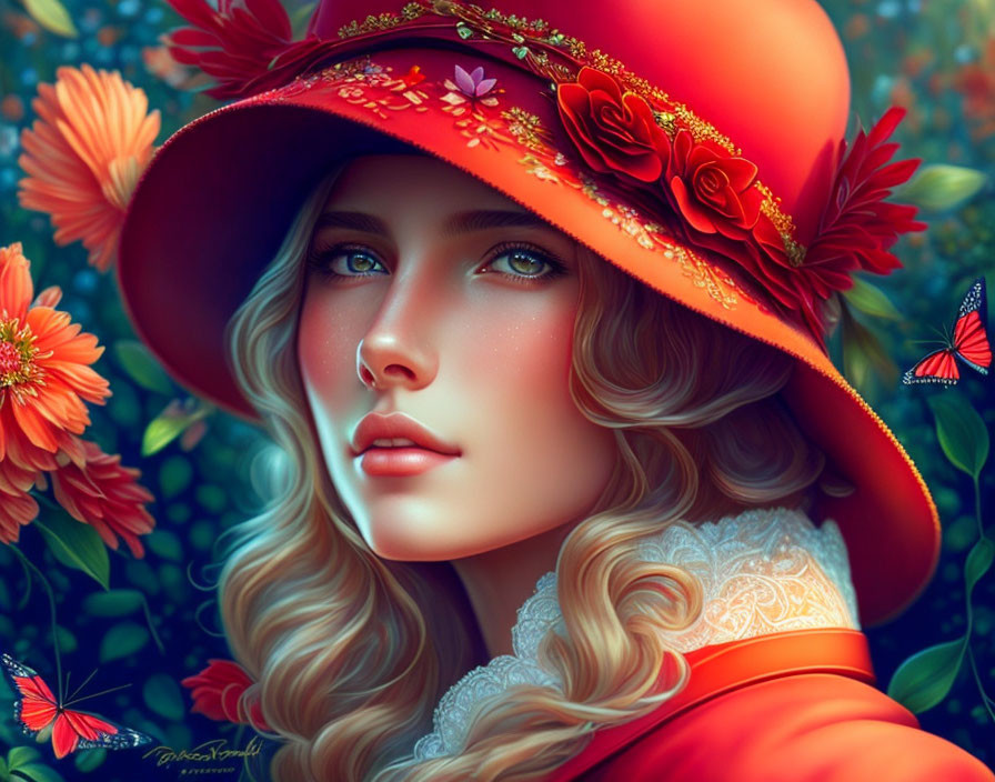 Digital art portrait of woman with blonde hair in red hat surrounded by blossoms and butterflies