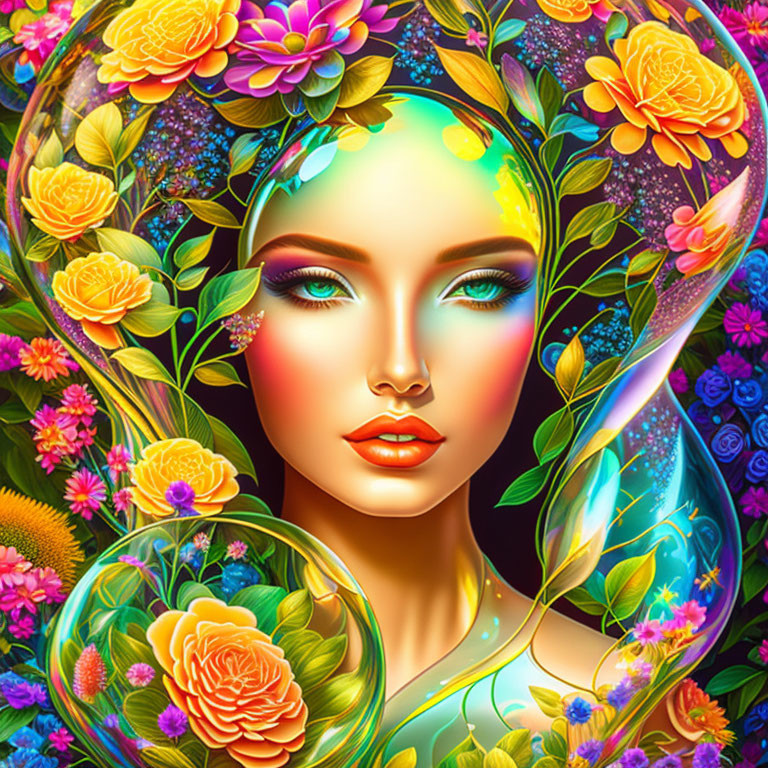 Colorful Woman Illustration with Flowers and Leaves in Hair