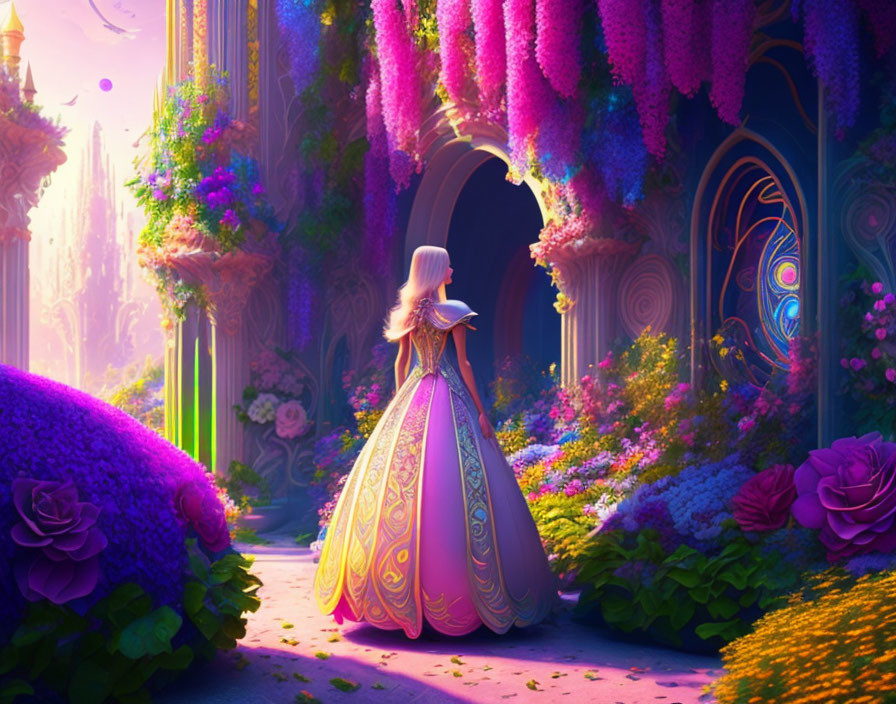 Woman in vibrant ornate gown at entrance of enchanted garden