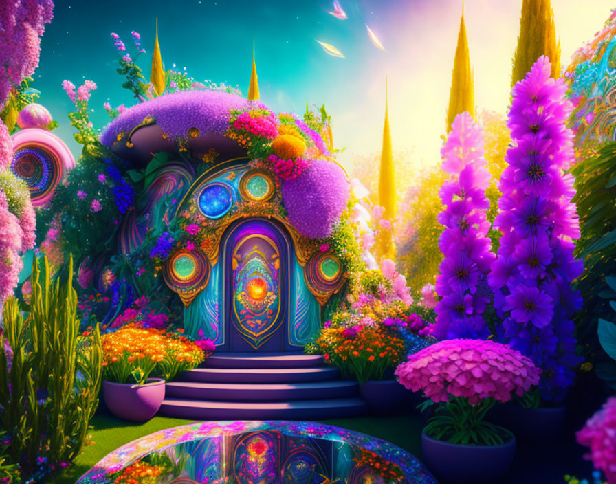 Colorful whimsical house in vibrant fantasy garden with glowing gems and alien flora.