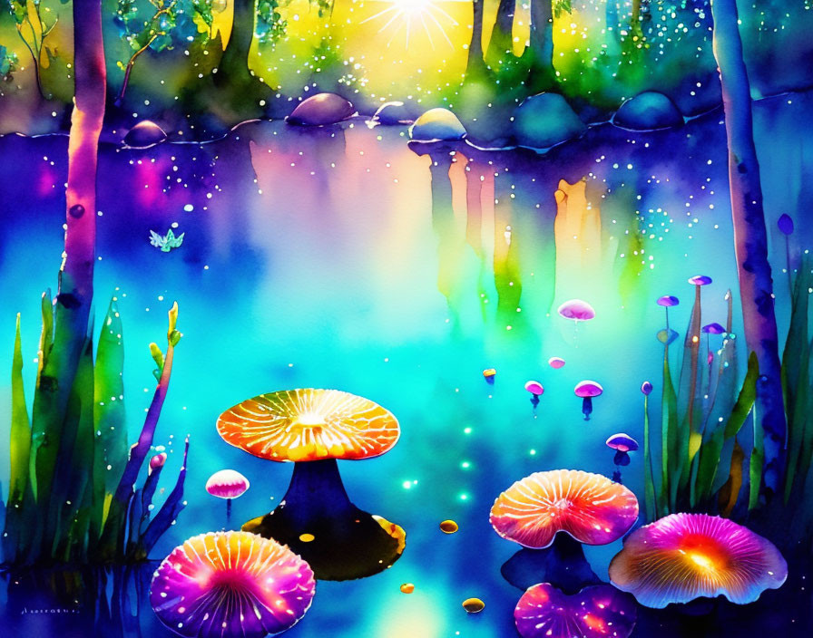 Vibrant watercolor painting of luminescent mushrooms by a mystical pond in dreamy forest
