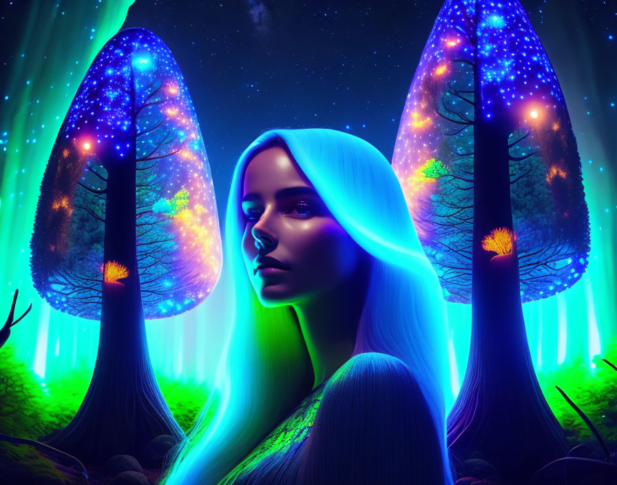 Glowing blue-haired woman in ethereal forest under starry sky
