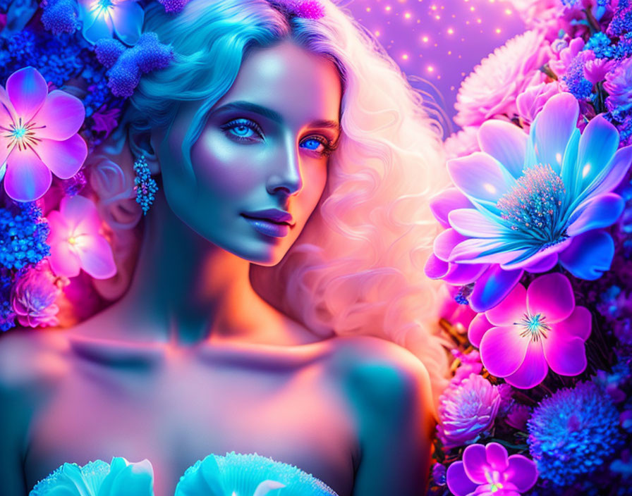 Colorful digital artwork of woman with white hair in neon-lit fantasy scene